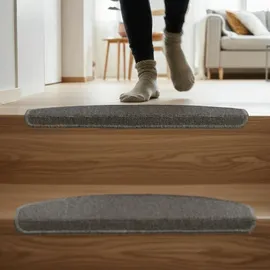 Relaxdays Stufenmatten im 15er Set, abgerundete Treppenstufenmatten, BxT: 65x24 cm, Selbstklebende Treppenteppiche, grau