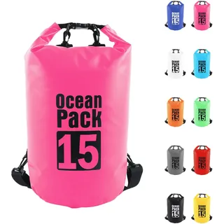 15L Rosenrot Wasserdichte Tasche, Dry Bag 2L/5L/10L/15L/20L/30L mit Verstellbarem Gurt, Schützt Telefon/Karte, Roll Top Wasserdichter Beutel Rucksack für Schwimmen/Rafting/Bootfahren/Camping/Strand