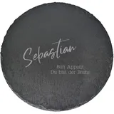 Herz & Heim® Personalisierte Servierplatte rund mit Gravur – Ø 35,5 cm Schieferplatte – Motiv wählbar – Geschenk zur Hochzeit, Geburtstag, Einweihung (Kursiv)