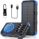 Solar Powerbank 26800mAh, Euakee Wireless Charging Power Bank mit 4 Kabeln & Campinglampe, wasserdichte Powerbank für 15W USB-C, Micro USB, Typ-C, iOS-Eingang 4 Ausgang 6 Eingangsanschlüsse (Blau)