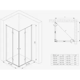 mai & mai Duschkabine mit Falttür 100 x 190 cm Duschwanne R26 - Transparent Klarglas