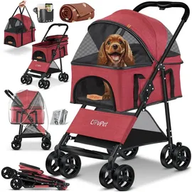 Lovpet Hundewagen 2in1 Hundebuggy Hundebox Transporttasche Faltbar Klappbar Bis 20 Kg Haustiere Buggy Mit Netzfenstern & Regenschutzabdeckung Jogger Rot - Lovpet