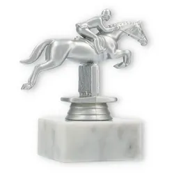 Pokal Kunststofffigur Springreiten silbermetallic auf weißem Marmorsockel 11,8cm
