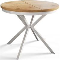 Runder Esszimmertisch BERG, ausziehbarer Tisch Durchmesser: 120 cm/200 cm, Wohnzimmertisch Farbe: Hellbraun, mit Metallbeinen in Farbe Weiß