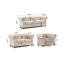 S-Style Chesterfield Polstergarnitur Samt 3-Sitzer + 2-Sitzer + Sessel Beige
