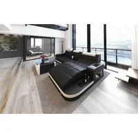 Sofa Dreams Ecksofa Wave L Form Ledersofa LED, 4-Sitzer, Echtleder Premium, Schwarz-Weiß, Ottomane rechts mit Bett schwarz