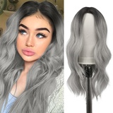 FESHFEN Lange Lockige Perücke, 55 cm Ombré Grau Perücke Mittelscheitel Frauen Perücken Natürlich Synthetik Perücken Damen Locken Wavy Wig Party für Party Täglich