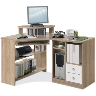Bega Consult Eckschreibtisch mit Tastaturauszug & Aufsatz in Eiche Sonoma Optik, Weiß - Kompakter Bürotisch Computertisch mit Ablagefächern - 135 x 94 x 95 cm (B/H/T)