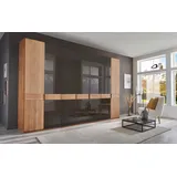 Drehtürenschrank WIEMANN "Cardiff, Massivholztüren in Kombination mit Glas- oder Spiegeltüren", braun (glas mocca), B:344,2cm H:216cm T:58cm, Floatglas, Holzwerkstoff, Hartfaserplatte, Massivholz, Schränke, hochwertiges Design in langlebiger Qualität, viel Stauraum