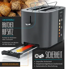 Arendo Toaster Edelstahl, 800W, Display mit Restzeitanzeige, Brötchenaufsatz, Defrost Funktion, Wärmeisolierendes Gehäuse, Touch Dis... - Grau