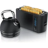 Arendo Frühstücks-Set, Wasserkocher Edelstahl 1,7l, 4 Scheiben Langschlitztoaster, 4 Scheiben Toaster, Frühstücksset, Wasserkocher Retro, 2200W... - Schwarz