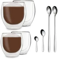 DUOS Jumbo 4er Set Latte Macchiato Gläser, doppelwandig, 2 x 310 ml + 2 x 410 ml + 4 x Löffel, doppelwandige Gläser, Latte Macchiato Löffel, Eiskaffeegläser, doppelwandige Kaffeegläser,