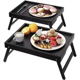 Fibogollo 2er Pack Betttablett mit klappbaren Beinen, Bambus Frühstückstabletts, Serviertablett Betttisch für Essen and Snack, Laptoptabletts zum Arbeiten (Schwarz)