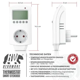 Bearware WLAN Thermostat Steckdose - Steckdosenthermostat - WiFi Smart Life, TUYA - für Heizgeräte - mit Share-Funktion - 5°-35°C