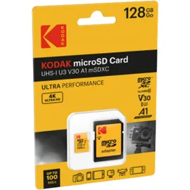 Kodak Ultra microSD-Speicherkarte, 128 GB, UHS-I U3 V30 A1, Lesegeschwindigkeit bis zu 95 MB/s und Schreibgeschwindigkeit bis 40 MB/s, inkl. SD Adapter