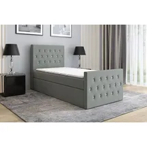 mebloland Boxspringbett, Jugendbett LILI 100x200 (Links) mit Bettkästen, Bonell-Matratze und Topper. Farbe: Grau - Grau