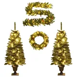vidaXL Künstliche Weihnachtsbäume Grün 2 Stk. mit Kranz, Girlande und LEDs