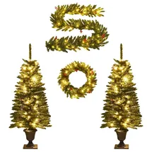 vidaXL Künstliche Weihnachtsbäume Grün 2 Stk. mit Kranz, Girlande und LEDs