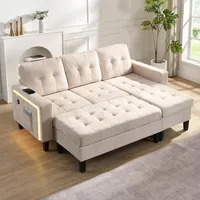 Merax modularer L-Form Sofa-Set, mit extra großer beweglicher Fußbank, LED-Ambiente-Beleuchtung und USB, 3-Sitzer-L-Form-Sofa mit Ottomane, Chenille-Bezug, wandelbar zum Sofabett, Beige