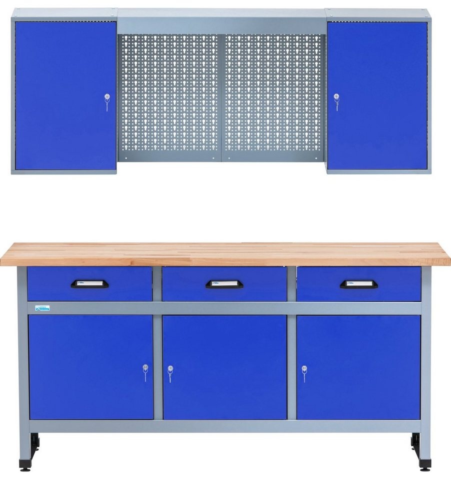 KÜPPER Werkstatt-Set 70421–7, 170 cm breit, Werkbank, Hängeschrank, ultramarinblau, massive 30 mm Buchenarbeitsplatte blau