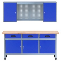 KÜPPER Werkstatt-Set 70421–7, 170 cm breit, Werkbank, Hängeschrank, ultramarinblau, massive 30 mm Buchenarbeitsplatte blau