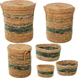 DRW Set mit 6 Körben mit Deckel aus natürlichem und grünem Seegras Ø 42 x 48 + Ø37 x 43 + Ø32 x 38 + 33 x 23 x 16 cm