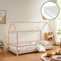 [en.casa] Hausbett Hesel mit Matratze und Rausfallschutz 90x200cm Rosa