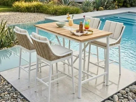 Apple Bee Milou Bar-Set Alu Oyster Tisch 150x78cm und 4 Barstühle mit Kissen