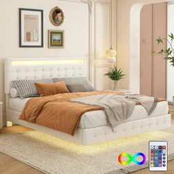 Merax 140*200cm Polsterbett, LED-Umgebungslicht, 24-Tasten-Fernbedienung, PU-Material, dreistufige Höhenverstellung des Kopfteils, Weiß