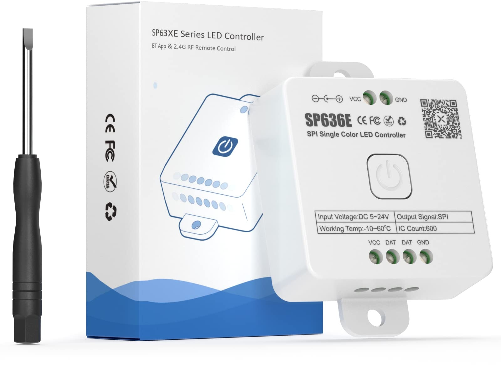 SEZO SP636E Bluetooth LED Controller Steuerung Single Color Dimmer Music Dynamischer Weißlichteffekt für FCOB IC LED Strip Arbeit mit RC1 Touch Panel/RB1 RF Remote/APP DC5V-24V