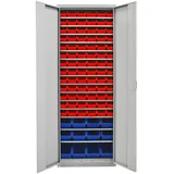 PROREGAL Flügeltürenschrank Owl mit 15 Fachböden 90 Sichtlagerkästen HxBxT 195 x 71 x 30 cm Lichtgrau