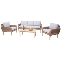 Mendler Garnitur HWC-H57, Garten-/Lounge-Set Sofa Sitzgruppe, rundes Poly-Rattan Alu + Akazie Spun Poly MVG Kissen hellgrau