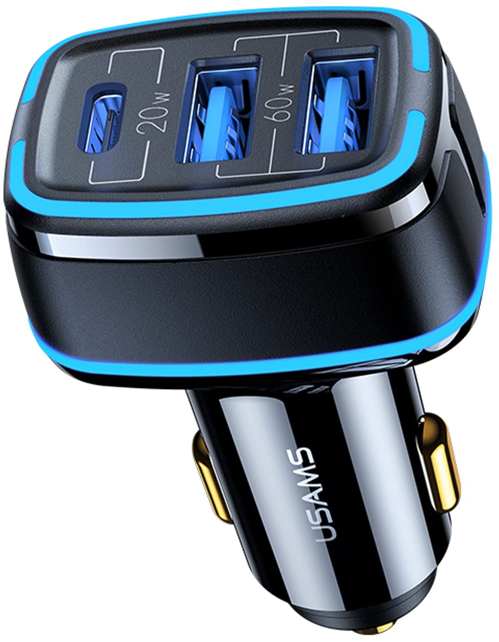 USAMS 3 Port USB Car Fast Charger 1 x TypeC 2 x USB Port -80W/4.5 A, 20W PD & 60W Dual QC3.0 - Car Charger Cigarette Lighter Adapter 12V - 80W Charging Power