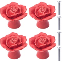 NAKUPENDA Keramikknäufe 4 Stück Keramik Rosen Blumen Knopf Schubladenknöpfe Porzellan Rose Möbelknöpfe für Schubladen Schränke Schranktüren (Rot)