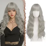 FESHFEN Lange Grau Perücke mit Pony für Frauen Natürliche Synthetik Gewellt Wellig Haare Hitzebeständig Damen Perücken für Tägliche Party Cosplay Karneval, 65 CM Grey Wig with Bangs