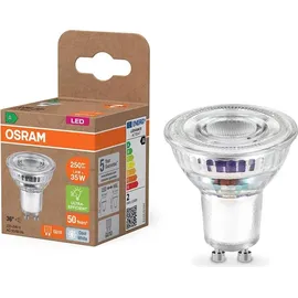 Osram LED PAR16 mit 1.3 W, 240 lm, kaltweiß (4000 K) aus bleifreiem Glas mit GU10 Sockel in der Energieeffizienzklasse A, 50 mm Durchmesser, IP20.