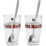 Leonardo Solo Kaffee Gläser 2er Set, Glas-Becher mit Latte-Macchiato Aufdruck inklusive Löffel, spülmaschinengeeignet, 4 teilig, 410 ml 042555