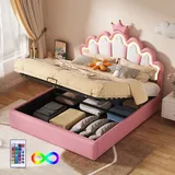 Flieks Polsterbett 140x200cm mit Lattenrost, Kinderbett mit Kronenförmigem Kopfteil, Jugendbett Doppelbett mit Led, Hydraulisches Stauraumbett, PU - Rosa