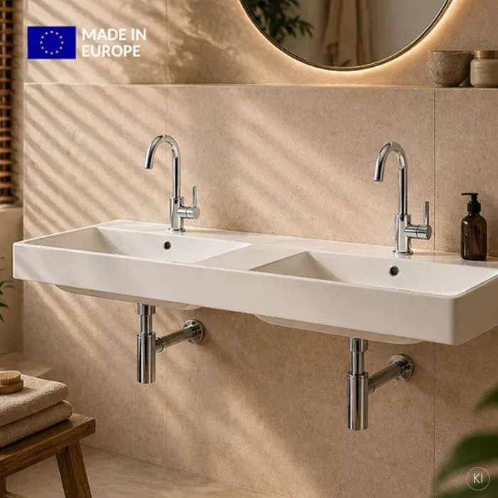 CARLDIX x LAUFEN Doppelwaschtisch 120 cm A91003012001 mit Ablage, Weiß, 1200 x 460 mm, mit 2 Hahnlöchern und Überläufen