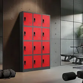 Jan Nowak Garderobenschrank Metall 90x185x40 cm rot 12 Fächer abschließbar