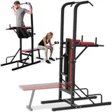 tectake® Kraftstation für Zuhause Home Gym Zubehör Sportgerät Fitnessstation, Kraftturm mit Klimmzugstange, Fitnessgerät mit Dip Station, Fitnessbank Hantelbank, Trizeps, Bizeps Trainingsgerät