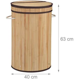 Relaxdays Wäschekorb Bambus, mit Klappdeckel, 65 l, faltbare Wäschetonne, rund Ø 40 cm, natur