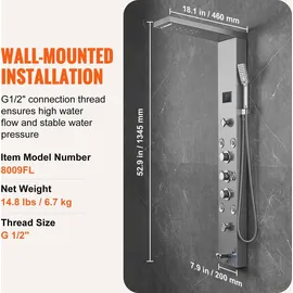 Vevor Duschpaneelsystem, 6 Duschmodi, LED- und Bildschirm-Wasserkraft-Duschpaneelturm, Regenfall, Wasserfall, 8 Massagedüsen, Wannenauslauf, Handbrause, Wandduschset aus Edelstahl