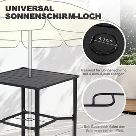 avestar Quadratischer Garten-Bartisch 71x71x103 cm mit Sonnenschirmloch, Lattenrost-Tischplatte mit pulverbeschichtetem Metallgestell, Schwarz