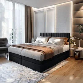 Trada Boxspringbett 200x200 Elektrisch verstellbar Taschenfederkern Doppelmatratze 9 Zonen Topper Bett mit Bettkasten Velour Stoff Schwarz – Schwarz