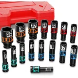 Aurlloct 16-Tlg Schlagschrauber Nüsse Satz 1/2 Zoll, 10-32 mm Kraft-Steckschlüssel-Einsatz, für Autoreparaturen Reifenwechsel