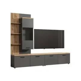 trendteam Wohnwand HOME AFFAIRE "Bajo", anthrazit, evoke eiche, B:240cm H:212cm T:40cm, Glas, Holzwerkstoff, Kunststoff, Kastenmöbel-Sets, Wohnwand, Set bestehend aus: 2x TV-Lowboards, 1x Hängevitrine