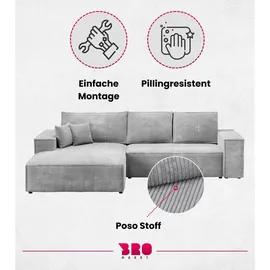 bromarkt Ecksofa PABLO Schlaffunktion Bettkasten L-Form 294x185x85cm Hellgrau Links - Hellgrau