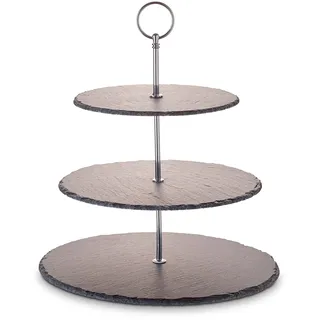 Echtwerk EW-ET-1780 Etagere-/ Servier-Ablage für Gebäck, Obst, Käse und Dessert aus Naturschiefer mit 3 Ebenen und Metallgriff, Silber-Edition, Ø Schieferplatten ca. 20/25/ 30 cm, Steingut