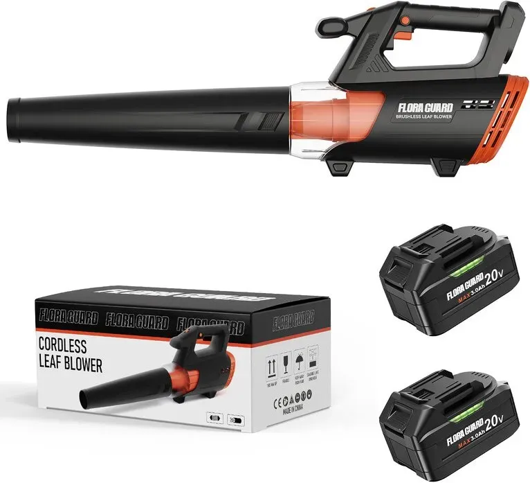 FLORA GUARD Akku-Laubbläser mit 2×4000 mAh Akkus & Ladegerät – 600 CFM / 190 mph, bürstenloser Motor, 6 Geschwindigkeitsstufen, leicht, kompatibel mit Dewalt 20V Max